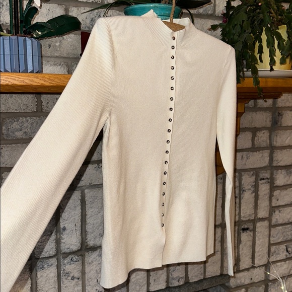 Mango XL Ivory Fine Knit Ribbed Mock Neck Mini Button Front Wool Blend Cardigan - Picture 12 of 16
